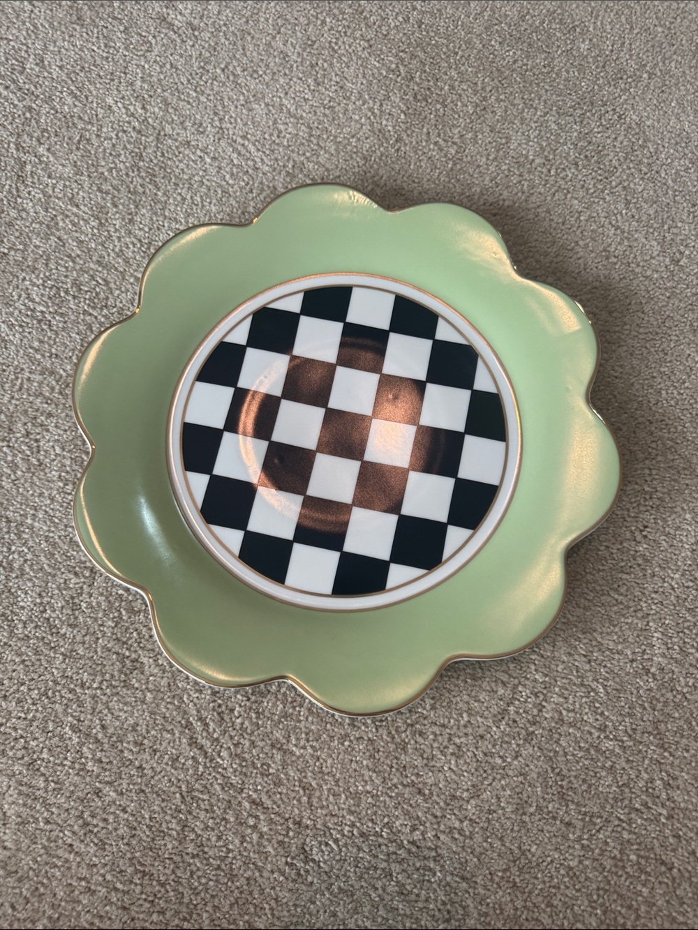 MacKenzie-Childs Mint Green Scalloped Plate with Black and White Check